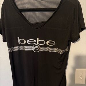 bebe Black V-Neck Tee with Silver Logo Stripe